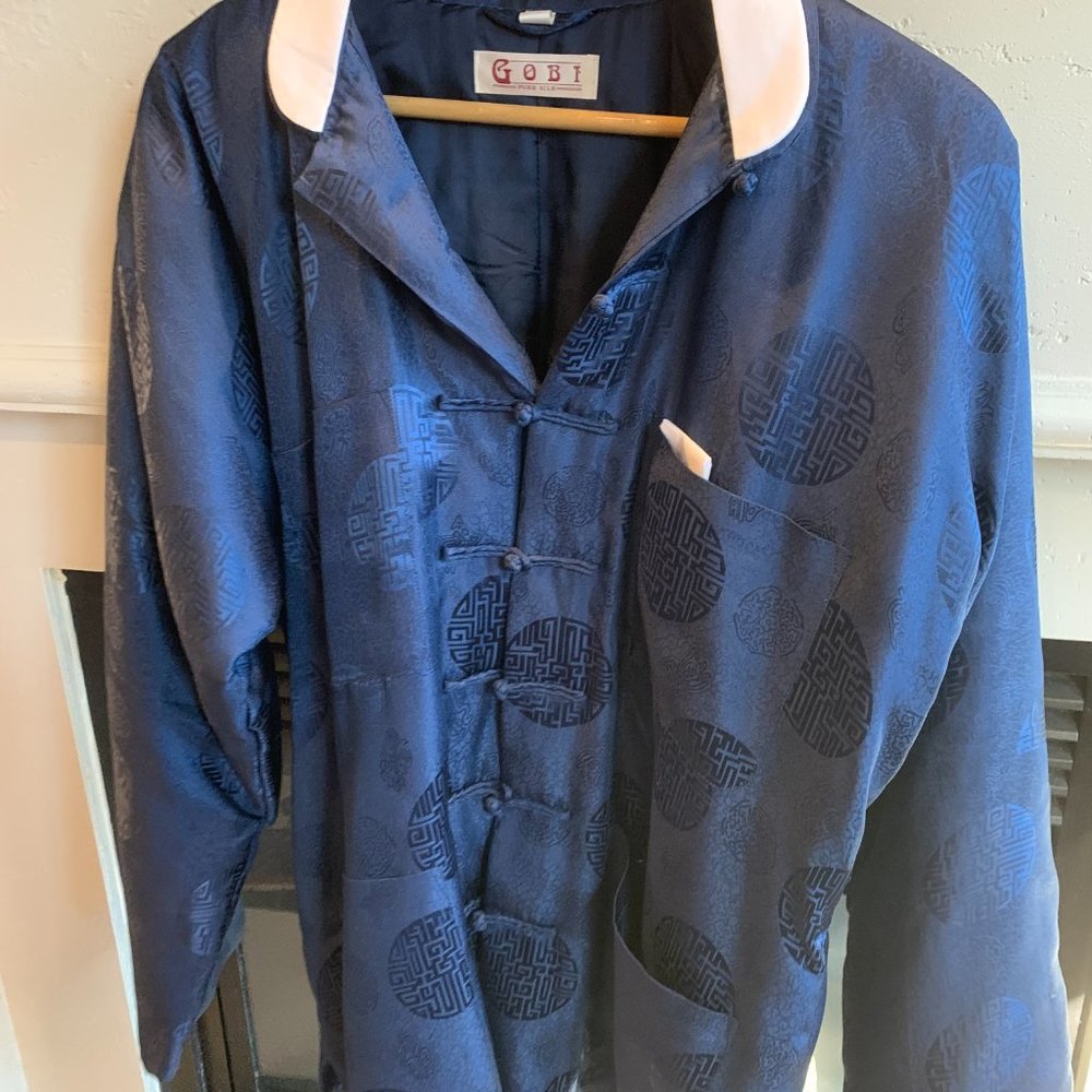 GOBI 100% Pure Silk Blue Traditional Chinese Jacket Mandarin Collar Women 2XL